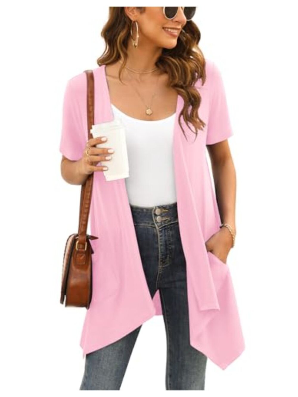 Lightweight Short Sleeve Open Front Cardigan with Pockets High Low Hem
